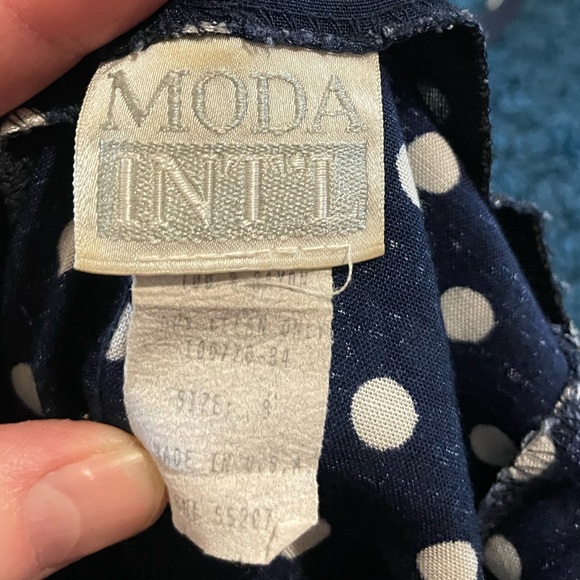 90s vintage Moda Intl navy blue polkadot a line dress, size 8 - Picture 7 of 7